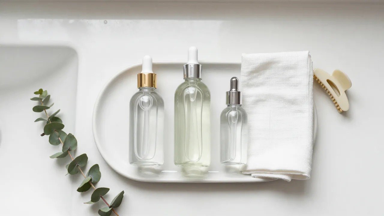 Streamlined skincare routine with three glass bottles on ceramic tray, muslin cloth, and eucalyptus sprig