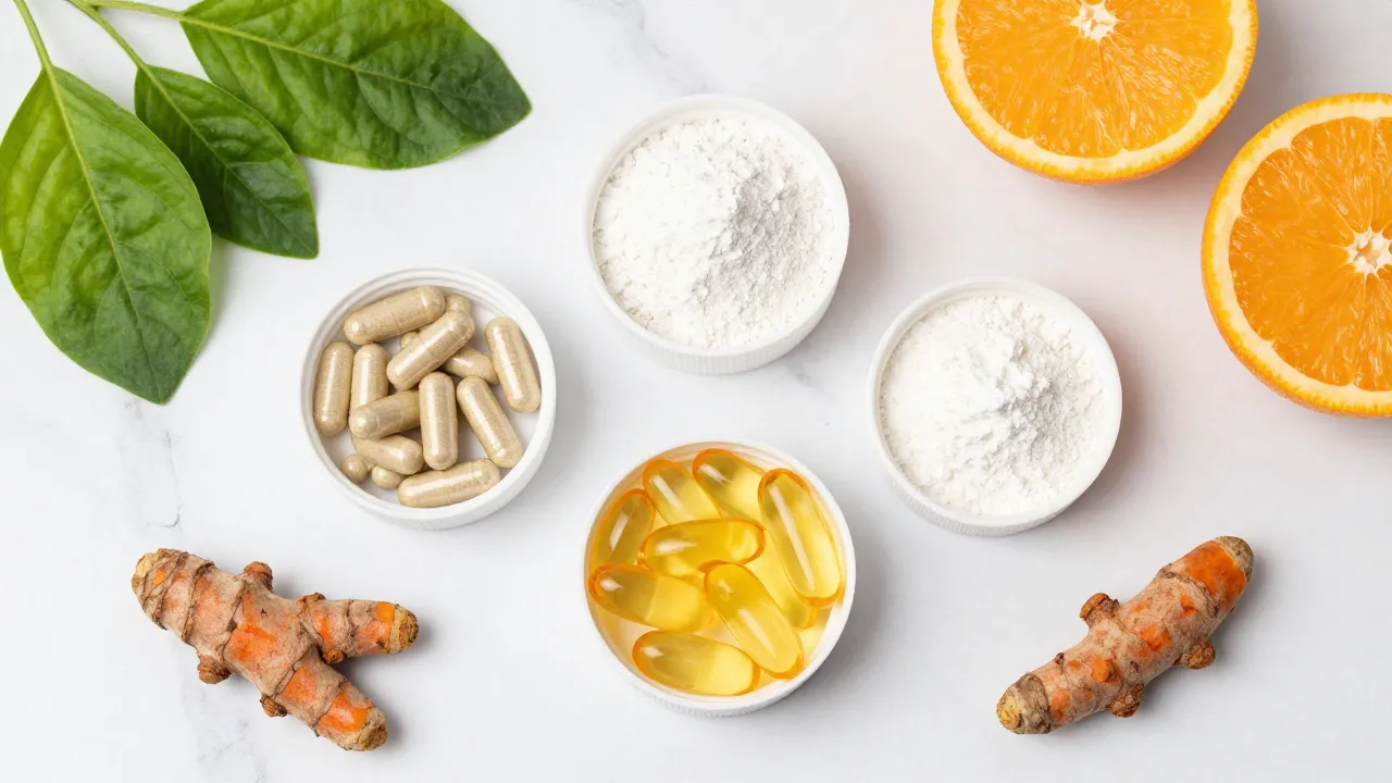 Clear skin supplements flat-lay: zinc capsules, niacinamide, probiotics, omega-3, turmeric with leafy greens