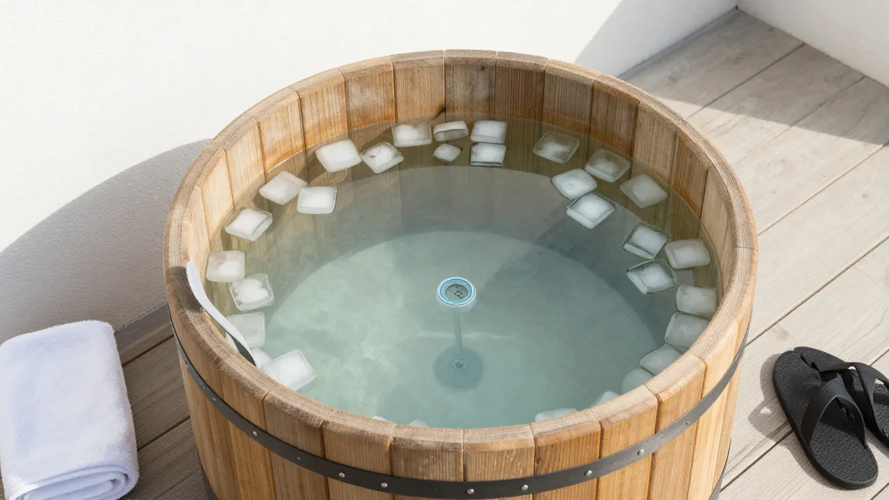 Overhead view of rustic cold plunge tub filled with crystal clear water and floating ice cubes
