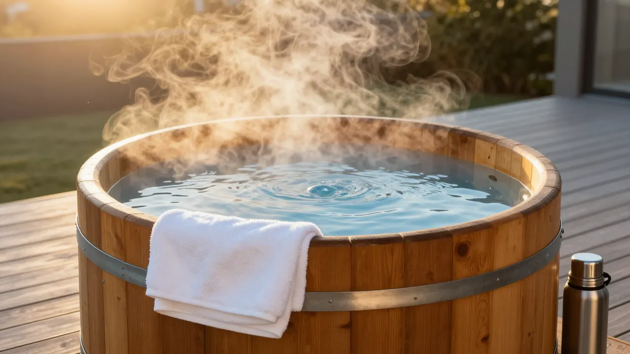 Wooden barrel cold plunge tub on modern patio deck at golden hour with steam rising