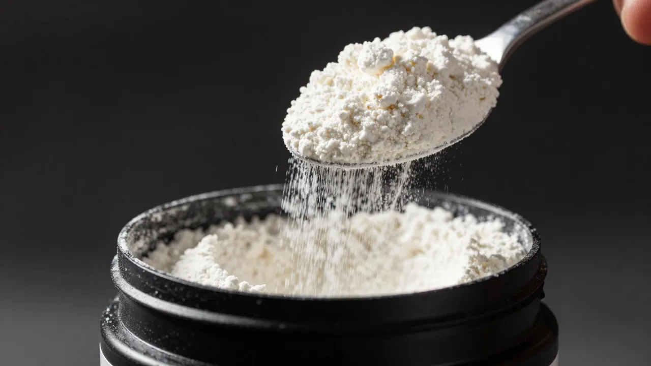 Close-up of collagen peptide powder being scooped from a matte black container with dramatic lighting