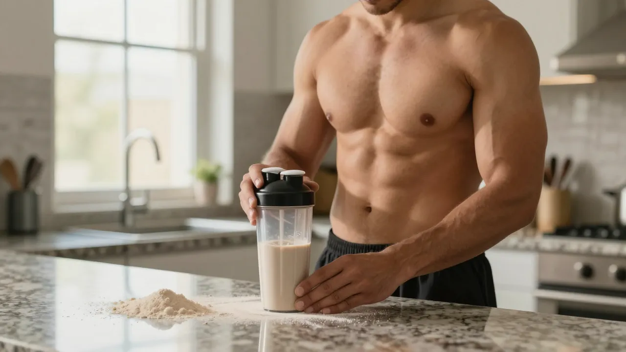 Athletic man preparing a collagen protein shake in a modern kitchen with supplement powder on countertop