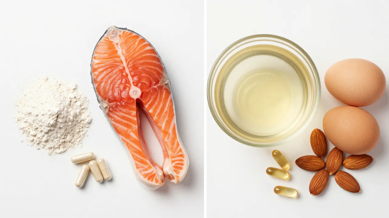 Collagen vs biotin comparison flat-lay: collagen powder with salmon on left, biotin with eggs on right