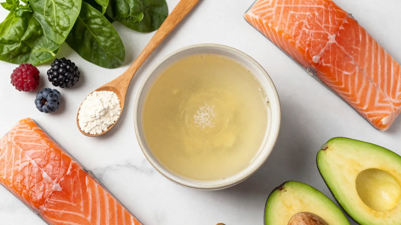 Collagen-rich foods and supplements flat-lay: bone broth, collagen powder, berries, salmon, avocado