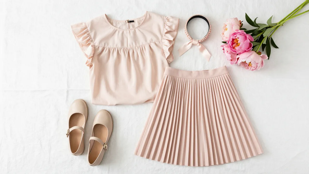 Feminine wardrobe essentials in soft pastels with ruffled blouse, pleated skirt, mary janes, and pink peonies