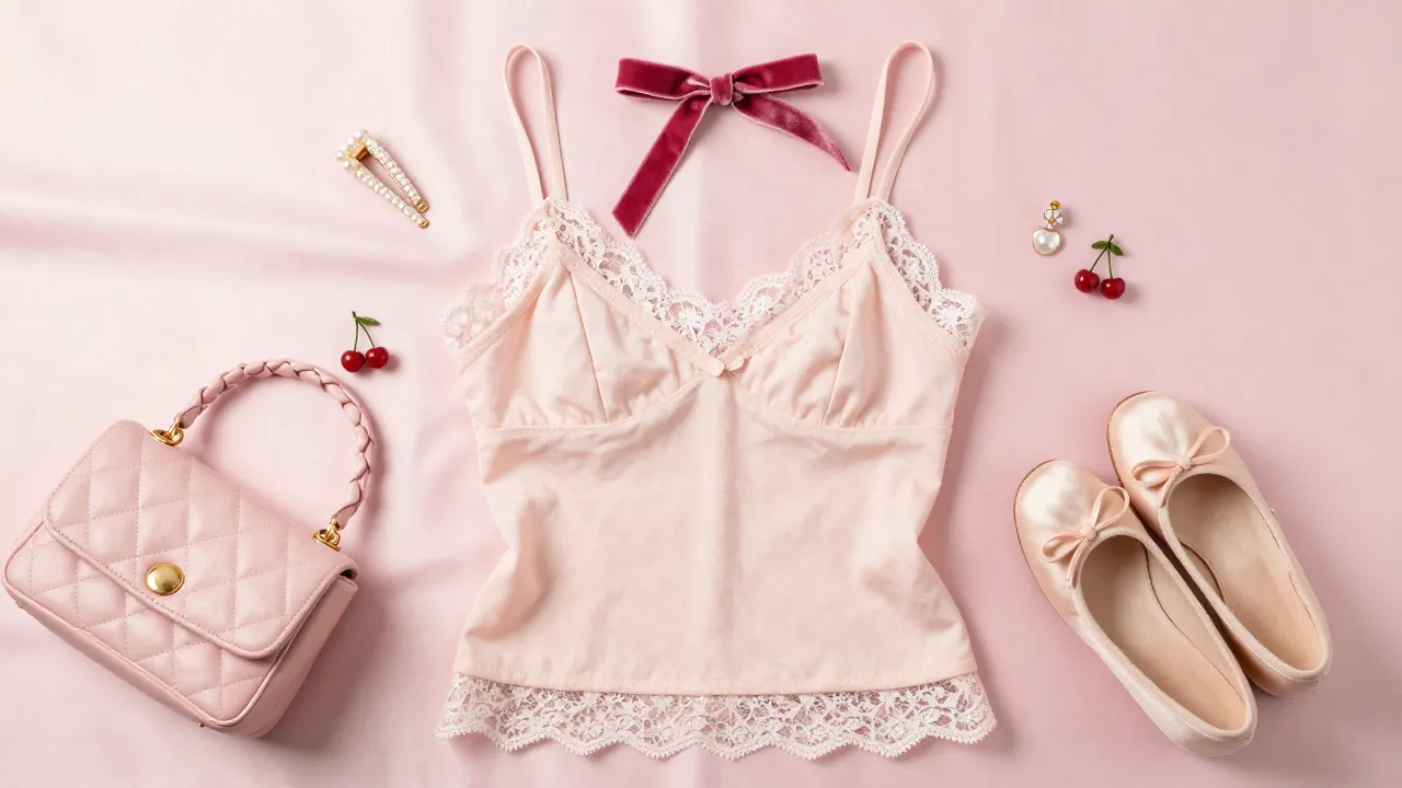 Dreamy coquette fashion flat-lay on pink satin with lace camisole, pearl hair clips, velvet choker, and ballet flats