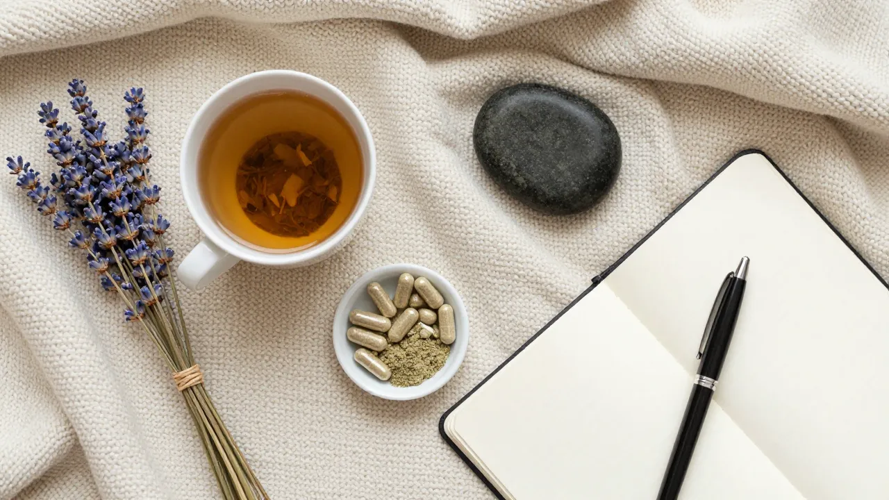 Relaxation ritual flat-lay with herbal tea, lavender bundle, supplement capsules, meditation stone, and journal