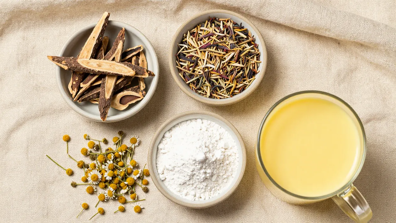 Calming adaptogen flat-lay with ashwagandha root, rhodiola, magnesium powder, chamomile flowers, and golden milk