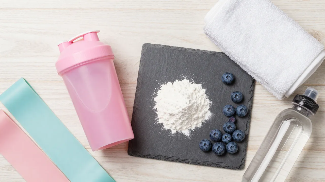 Overhead post-workout recovery scene with shaker cup, white powder, blueberries, and resistance bands