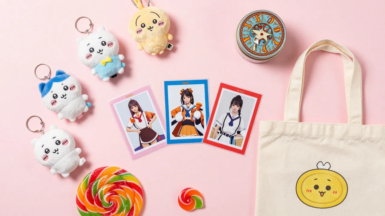 Collectible gift items on pink tissue paper with plush keychains, trading card sleeves, and colorful candy