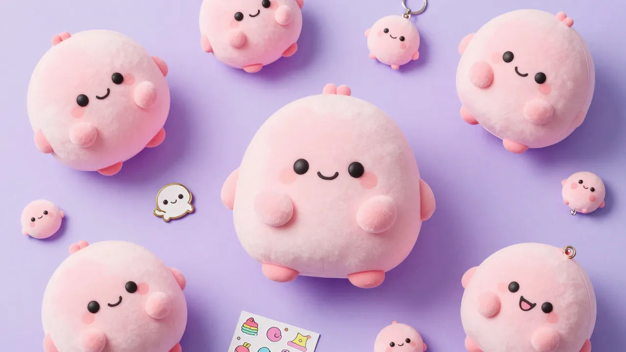 Cute pink blob-shaped plush toys and kawaii collectibles on pastel background with enamel pins and stickers