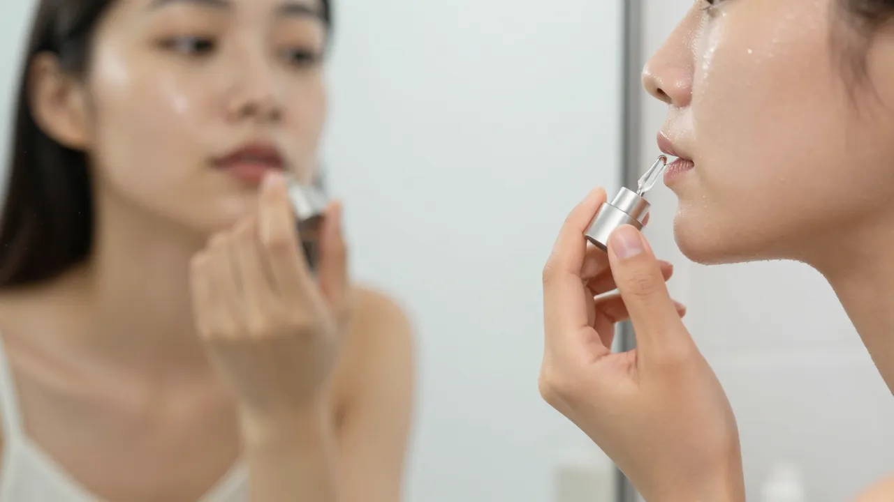 Woman applying face serum in bathroom mirror with glowing dewy skin and natural light