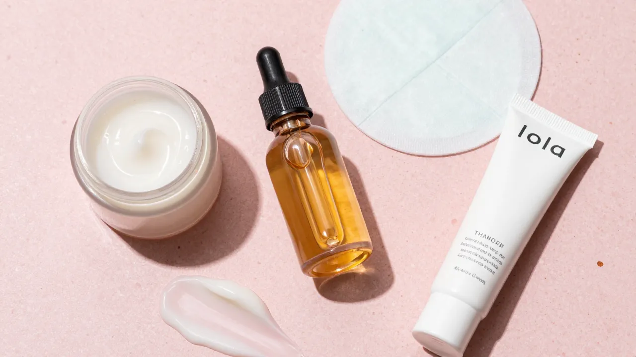 Skincare dupe flat-lay on pink terrazzo with gel moisturizer, vitamin C serum, and retinol cream