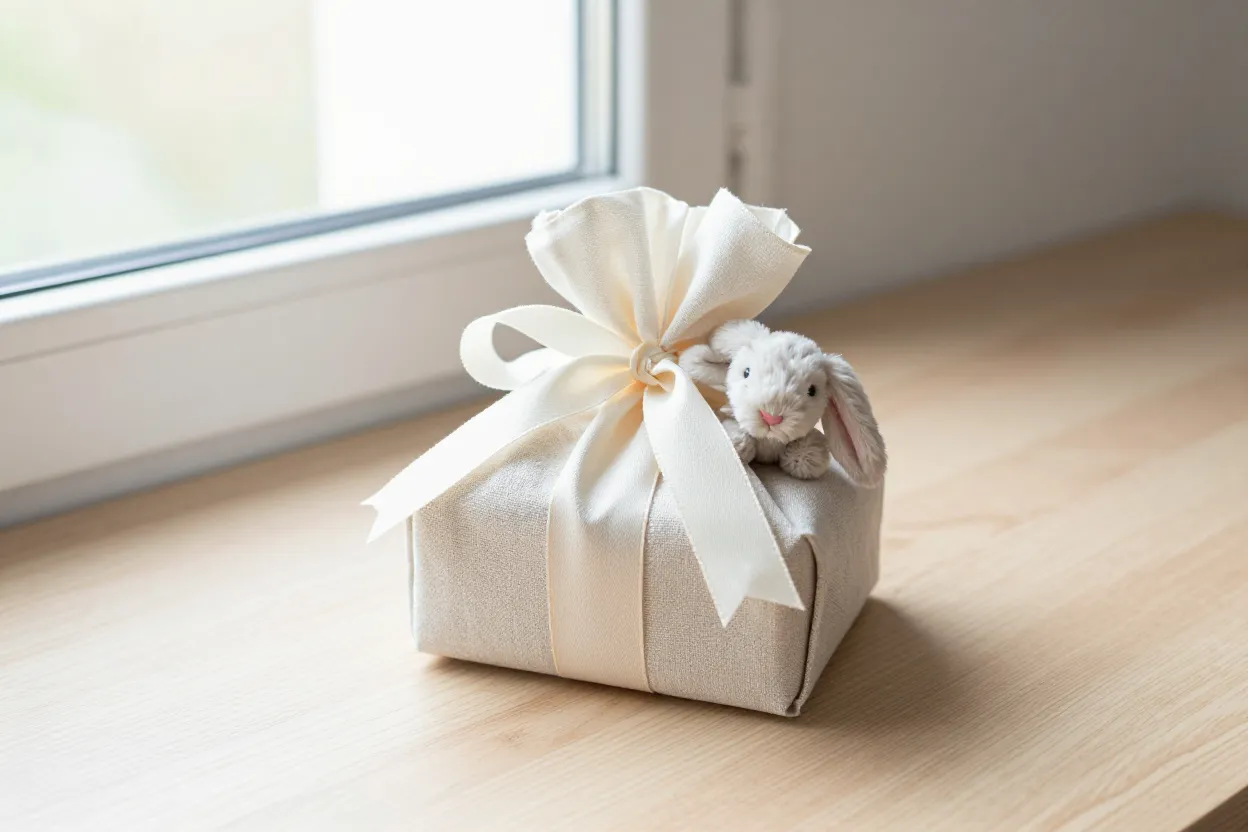 Small gift bundle with cream cotton ribbon, plush rabbit, and linen-wrapped parcel on pale oak