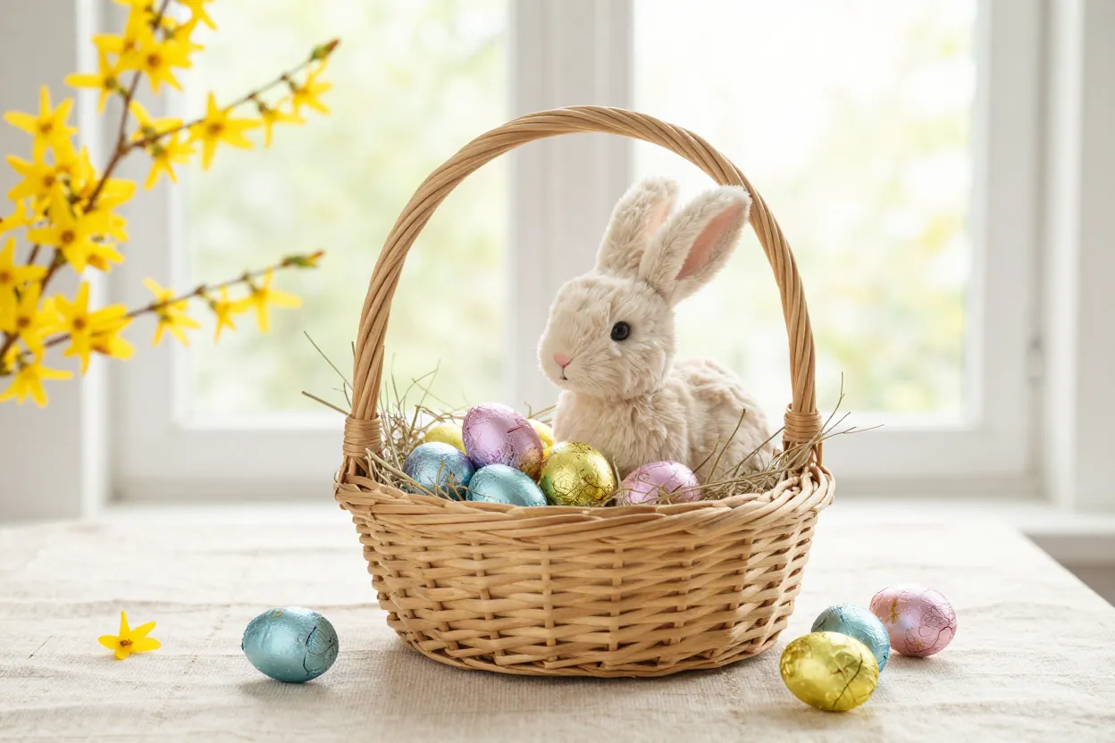 Woven seagrass Easter basket with pastel foil-wrapped chocolate eggs, plush rabbit, and dried grass filler on pale linen