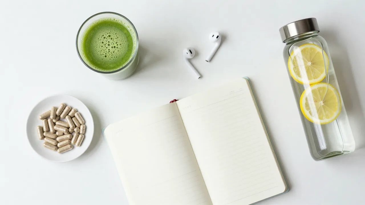 Productive morning routine flat-lay with green smoothie, supplement capsules, planner, earbuds, and lemon water