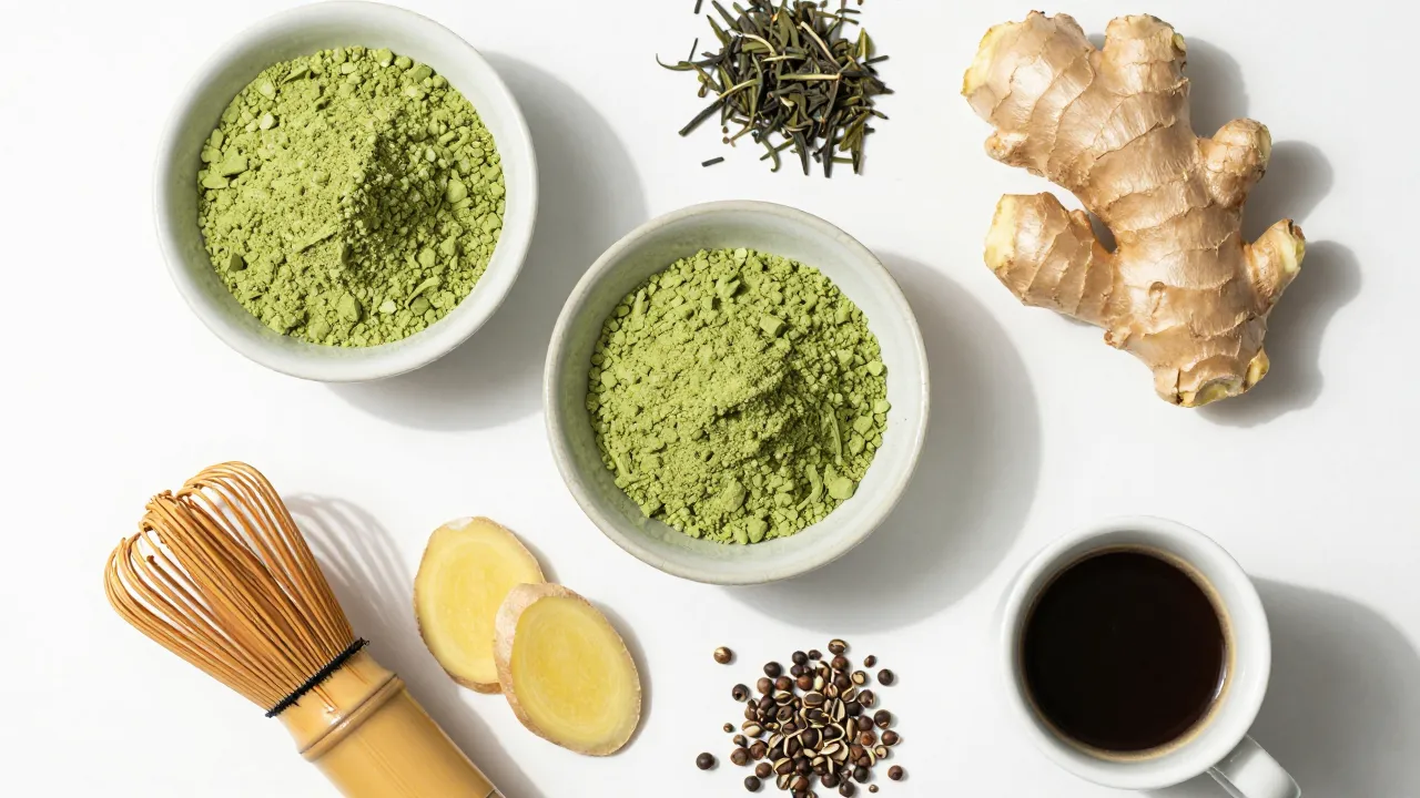 Natural energy boosters flat-lay with matcha powder, bamboo whisk, green tea leaves, ginger root, and espresso cup