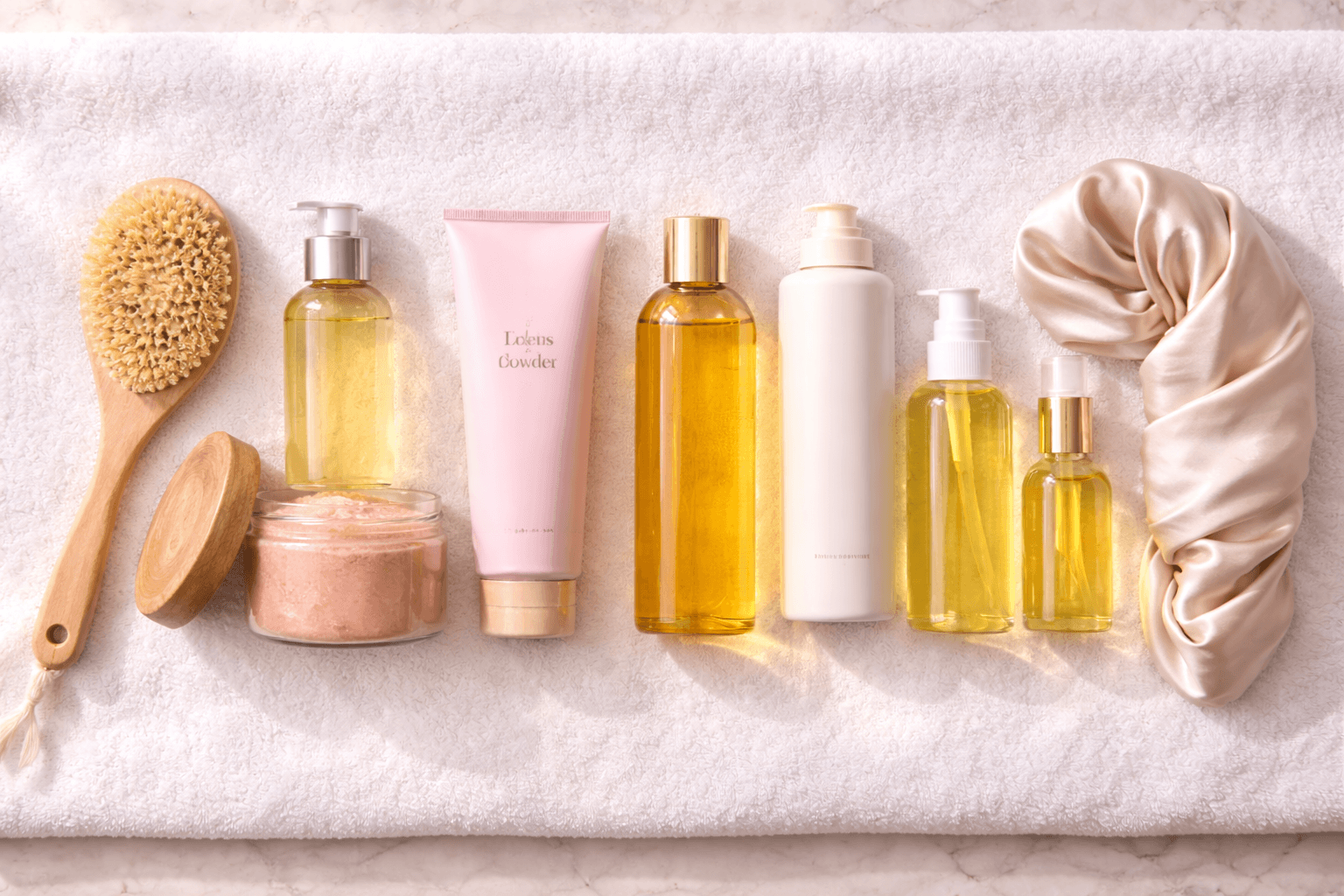 Shower products being used in a spa-like bathroom setting