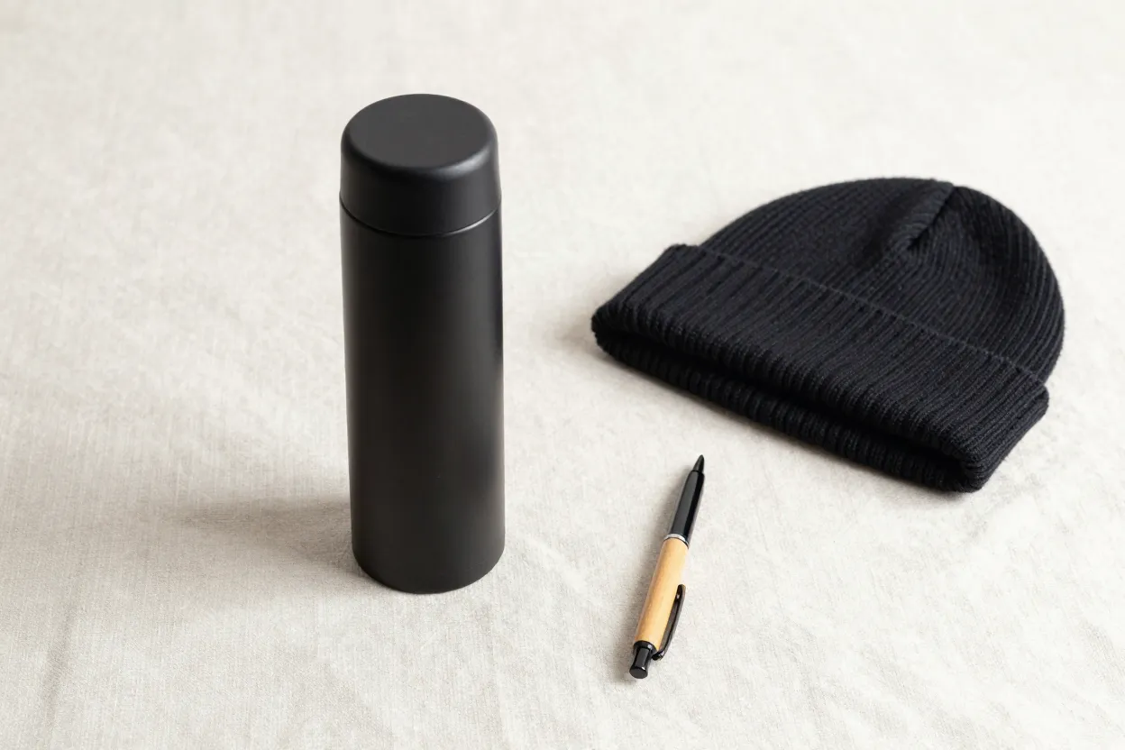 Editorial still-life of a matte black thermos, wooden pen, and folded knit beanie on pale linen