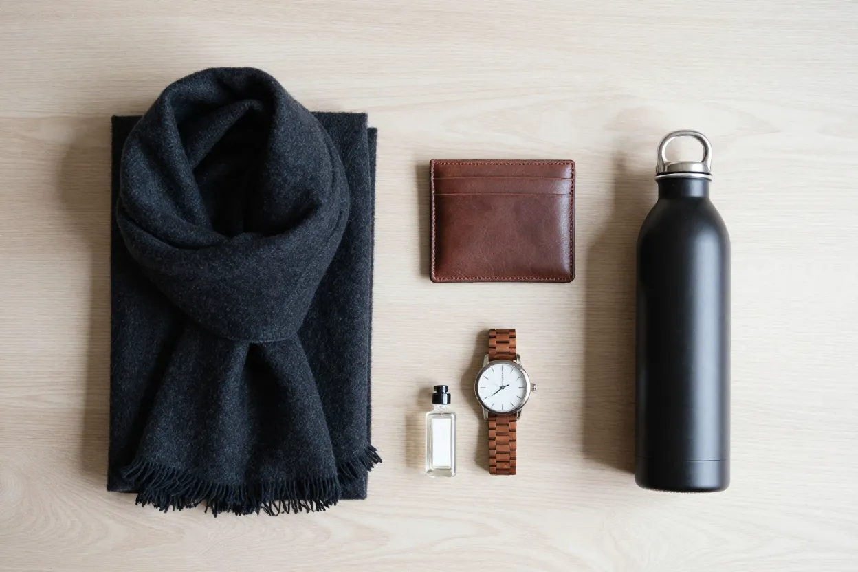 Overhead flat-lay of a curated Father’s Day gift vignette — folded dark wool scarf, leather card wallet, wooden watch, matte black stainless water bottle, small glass aftershave bottle on pale oak