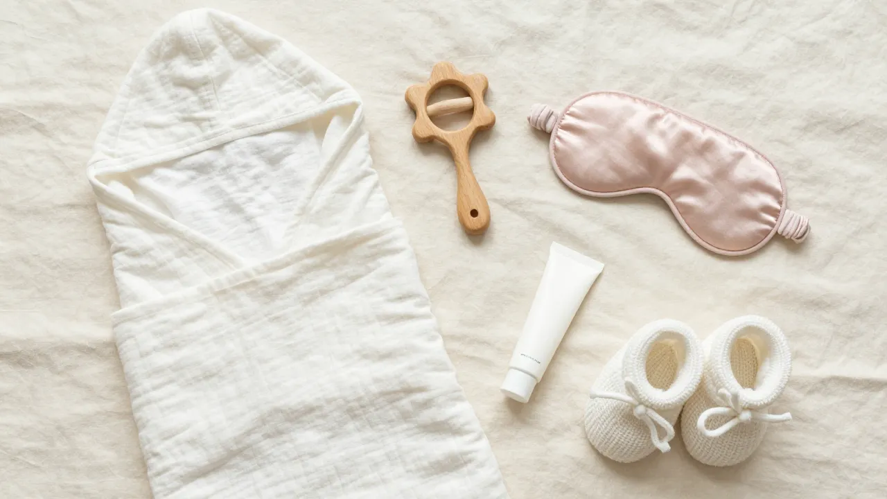 Mom-and-baby items flat-lay with muslin swaddle, wooden rattle, silk eye mask, and knit baby booties