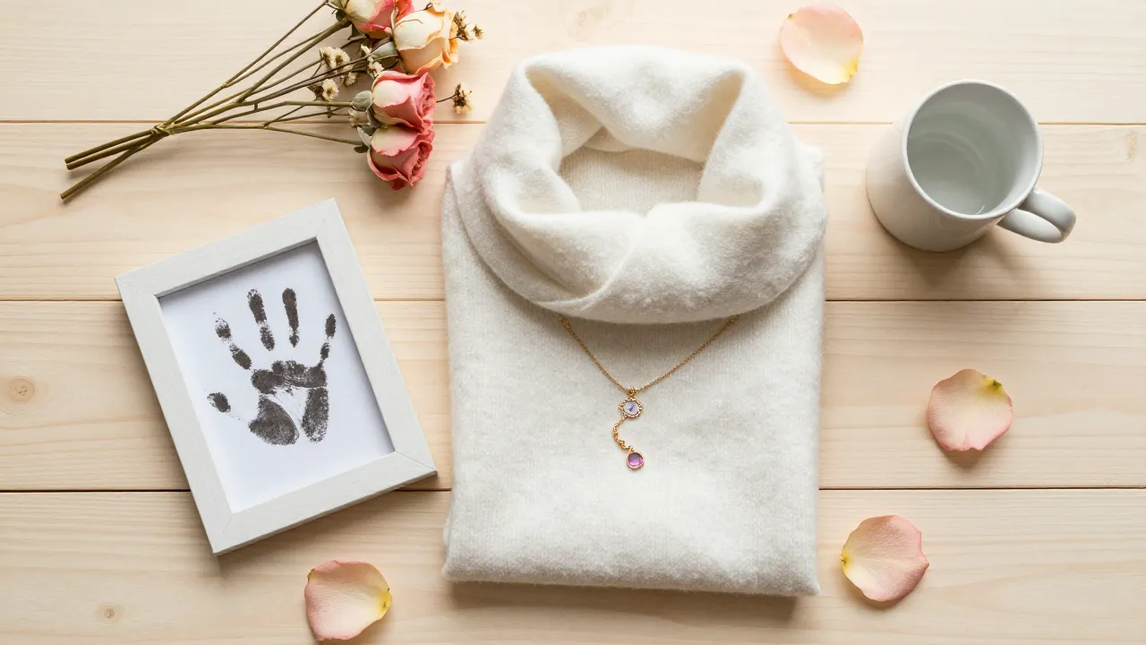 Warm flat-lay of first Mother's Day gifts with baby handprint frame, cashmere scarf, birthstone necklace, and rose petals
