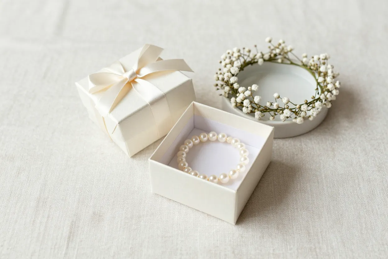 Ivory satin-lined gift box, delicate pearl bracelet on ring dish, floral crown of dried baby’s breath, and silk ribbon on pale linen