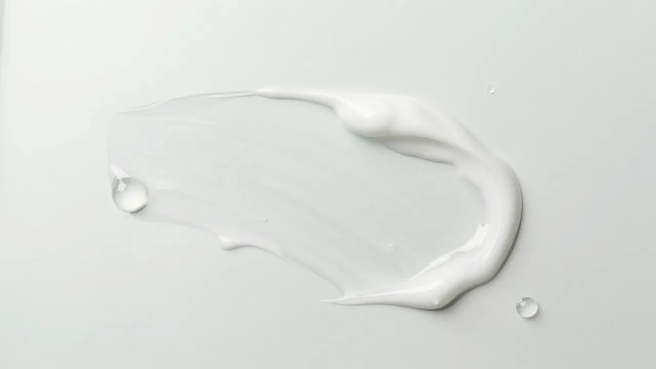Oil-free skincare textures on glass — clear gel, lightweight lotion, and micellar water drops