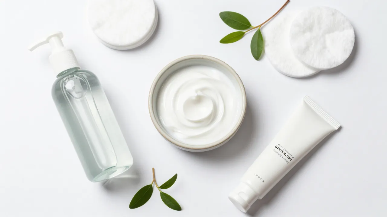 Fungal-acne-safe skincare essentials on white surface with gel cleanser, zinc cream, and tea tree