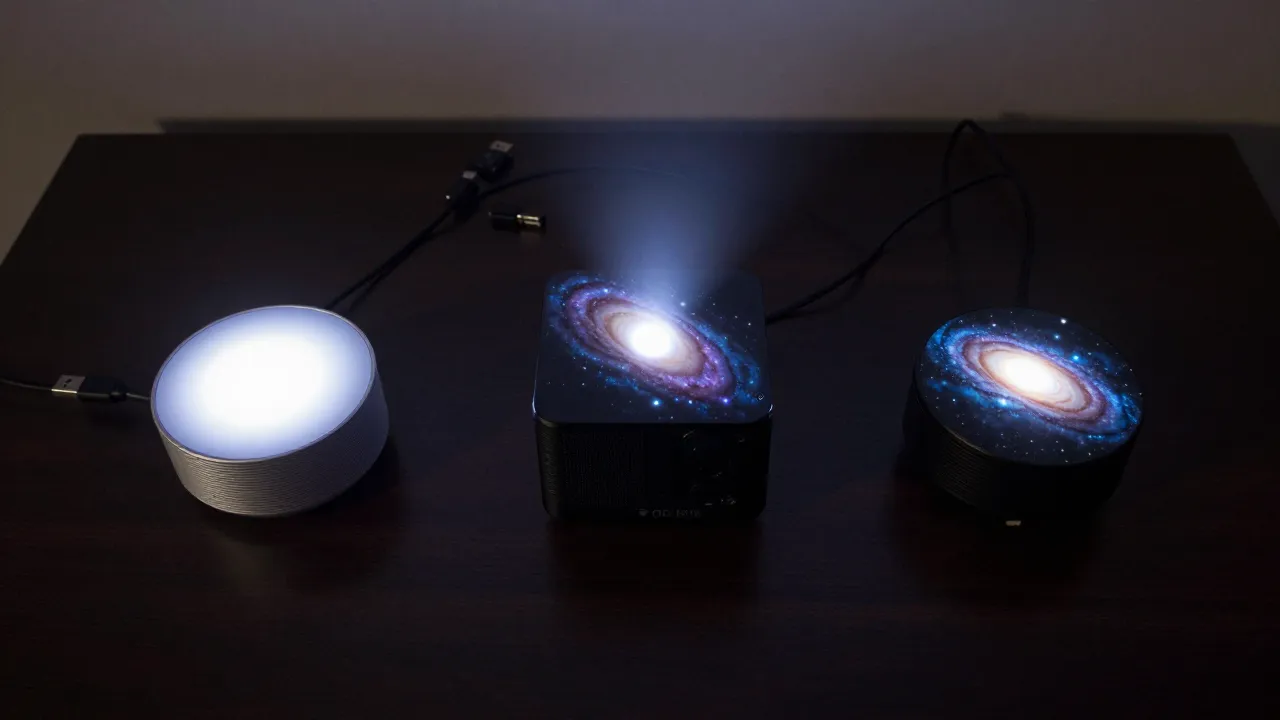 Galaxy projector comparison with three devices casting different colored light patterns on dark desk