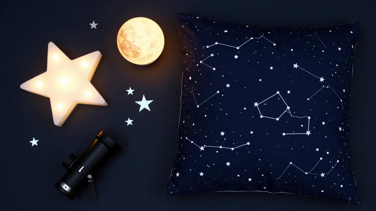 Galaxy-themed bedroom accessories flat-lay with star LED light, moon lamp, constellation pillowcase, and telescope