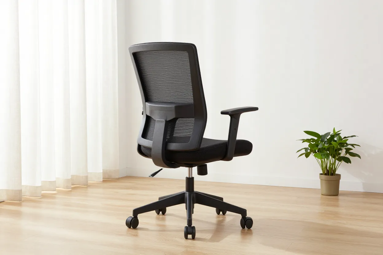 Sleek charcoal mesh-back ergonomic chair in a bright minimalist office corner with pale oak floor, linen curtain, and small potted plant