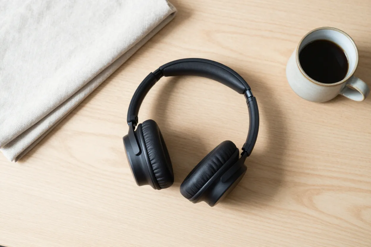 Sleek matte black over-ear headset with charcoal earcups on pale oak desk with folded linen cloth and small ceramic coffee cup