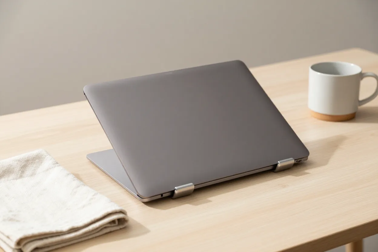 Matte aluminum laptop stand holding a closed dark laptop on pale oak desk with folded cream linen towel and ceramic mug