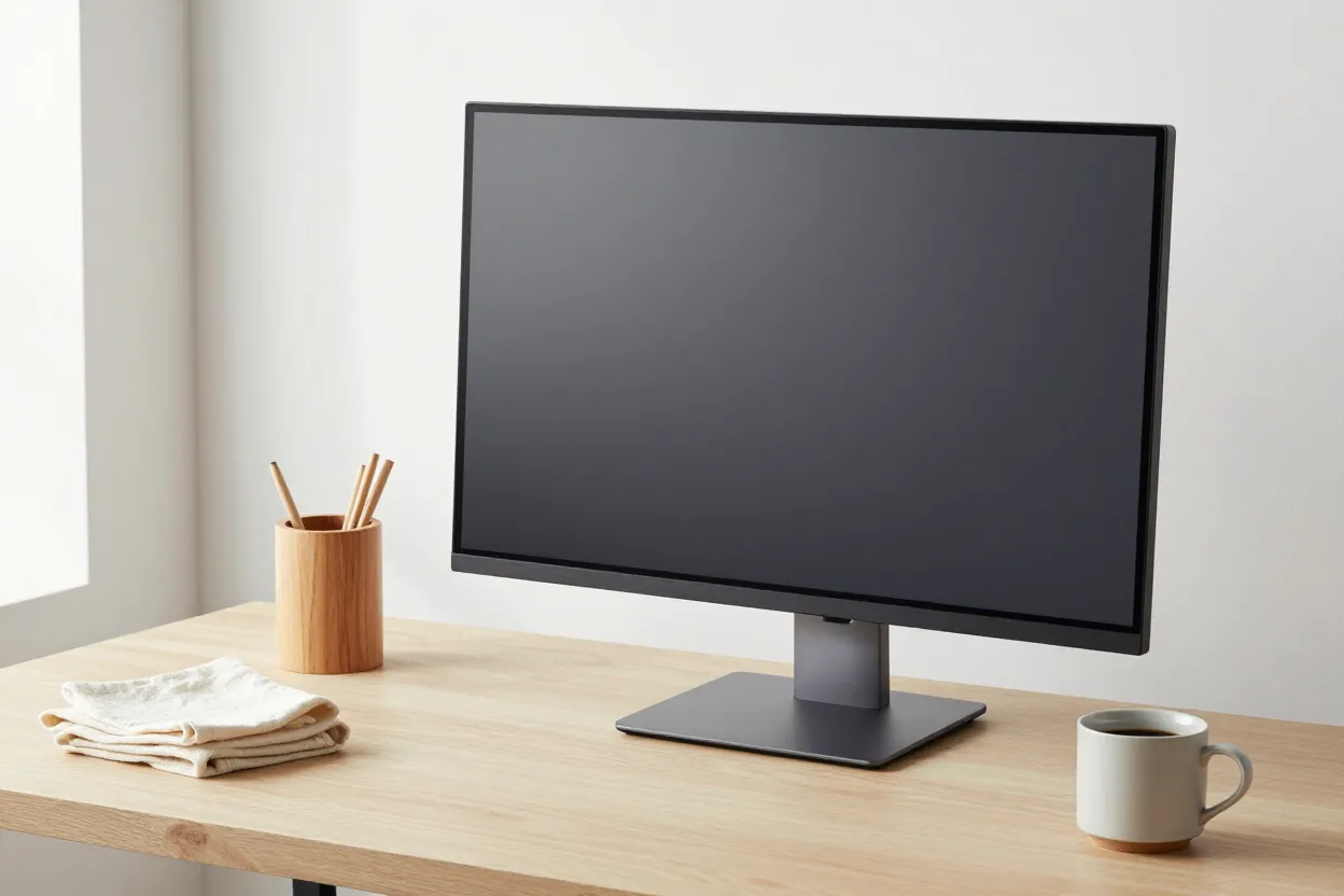Sleek matte black powered-off monitor with neutral gradient screen on pale oak desk with folded cream linen towel, wooden pen cup, and small ceramic coffee mug