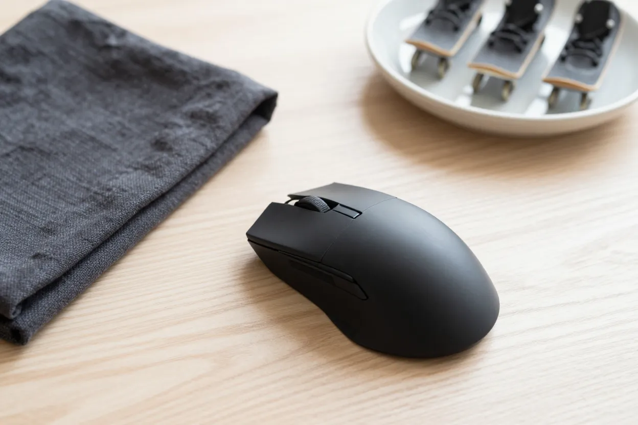 Matte black gaming mouse on pale oak desk with folded charcoal linen cloth and small ceramic dish of mouse feet skates