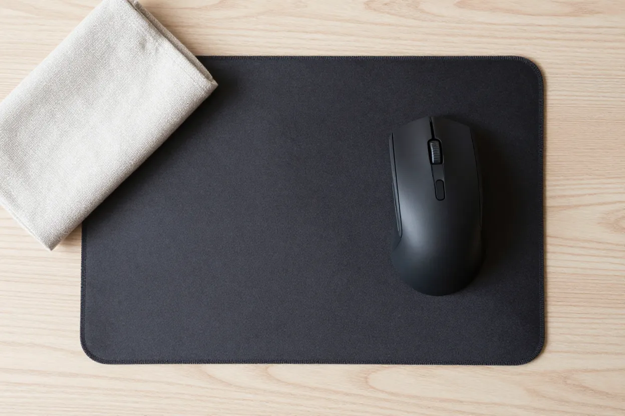 Large charcoal cloth mousepad with matte black gaming mouse and folded linen tea towel on pale oak