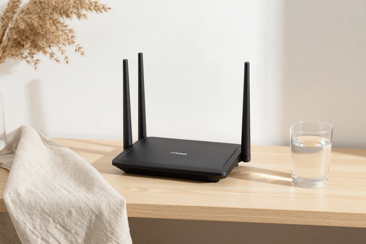 Sleek matte black wi-fi router on pale oak shelf with rolled linen cloth, small glass of water, and dried pampas grass