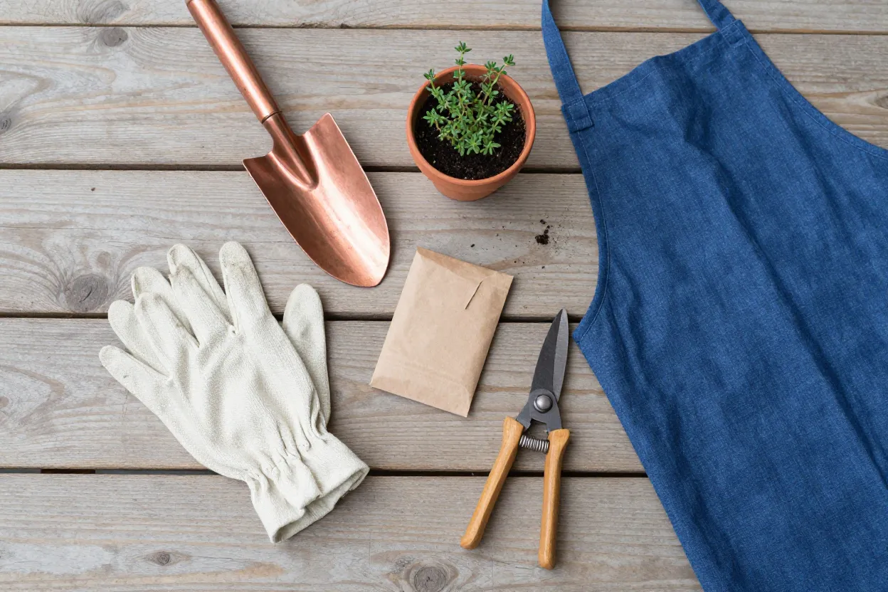 Overhead flat-lay on weathered teak of canvas garden gloves, a copper-finish hand trowel, a terracotta pot with a thyme seedling, brown paper seed packet, wooden-handled garden shears, and a folded indigo linen apron trailing off one edge