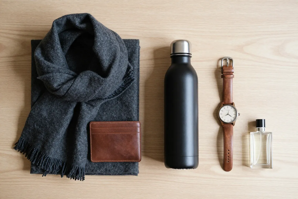 Overhead flat-lay on pale oak of a men’s gift vignette — folded charcoal wool scarf, leather card wallet, matte black stainless water bottle, wooden watch, small glass cologne bottle