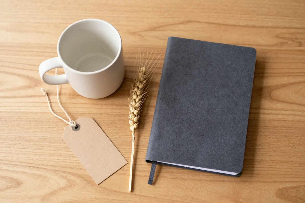 Overhead flat-lay on a warm oak desk of a small unglazed cream ceramic mug, a folded charcoal micro-suede notebook, a sprig of dried wheat, a long wax-dipped match with a black tip, and a blank kraft gift tag with twine