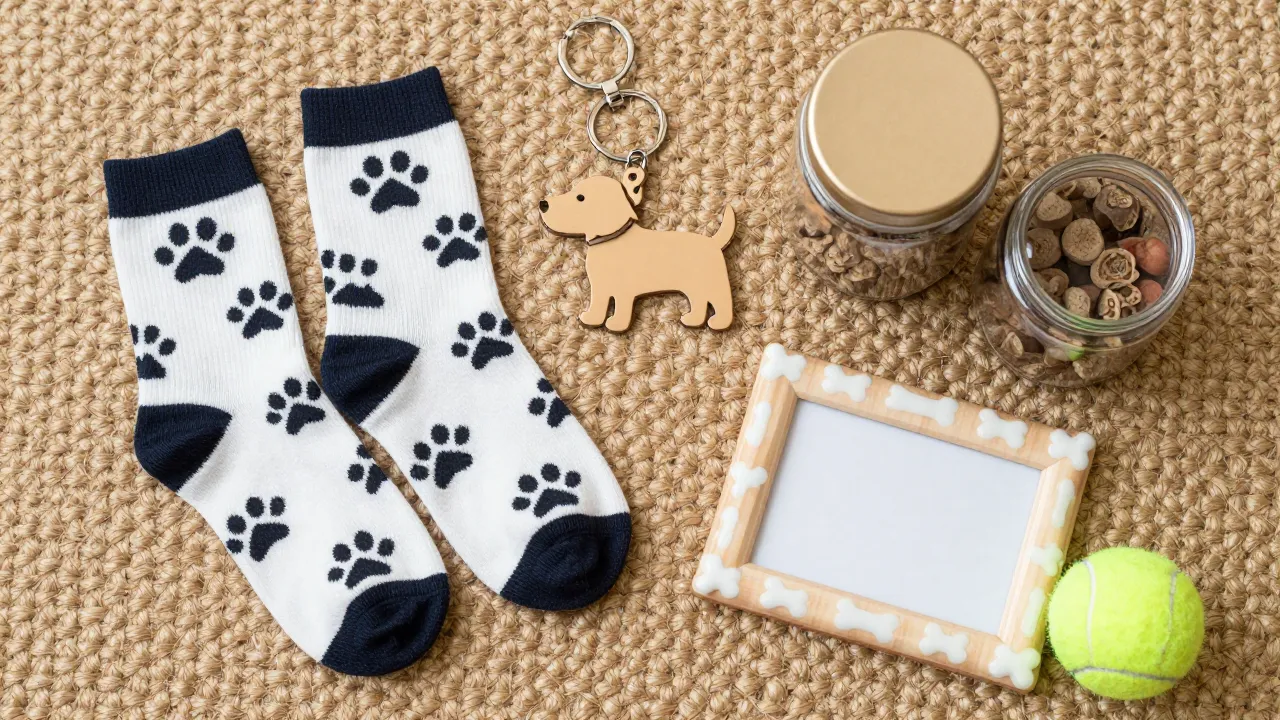 Dog-themed gifts flat-lay with paw-print socks, silhouette keychain, treat jar, and tennis ball on jute rug