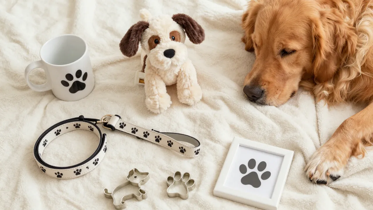 Dog lover gift flat-lay on cozy blanket with paw-print mug, plush toy, leash set, and golden retriever paw