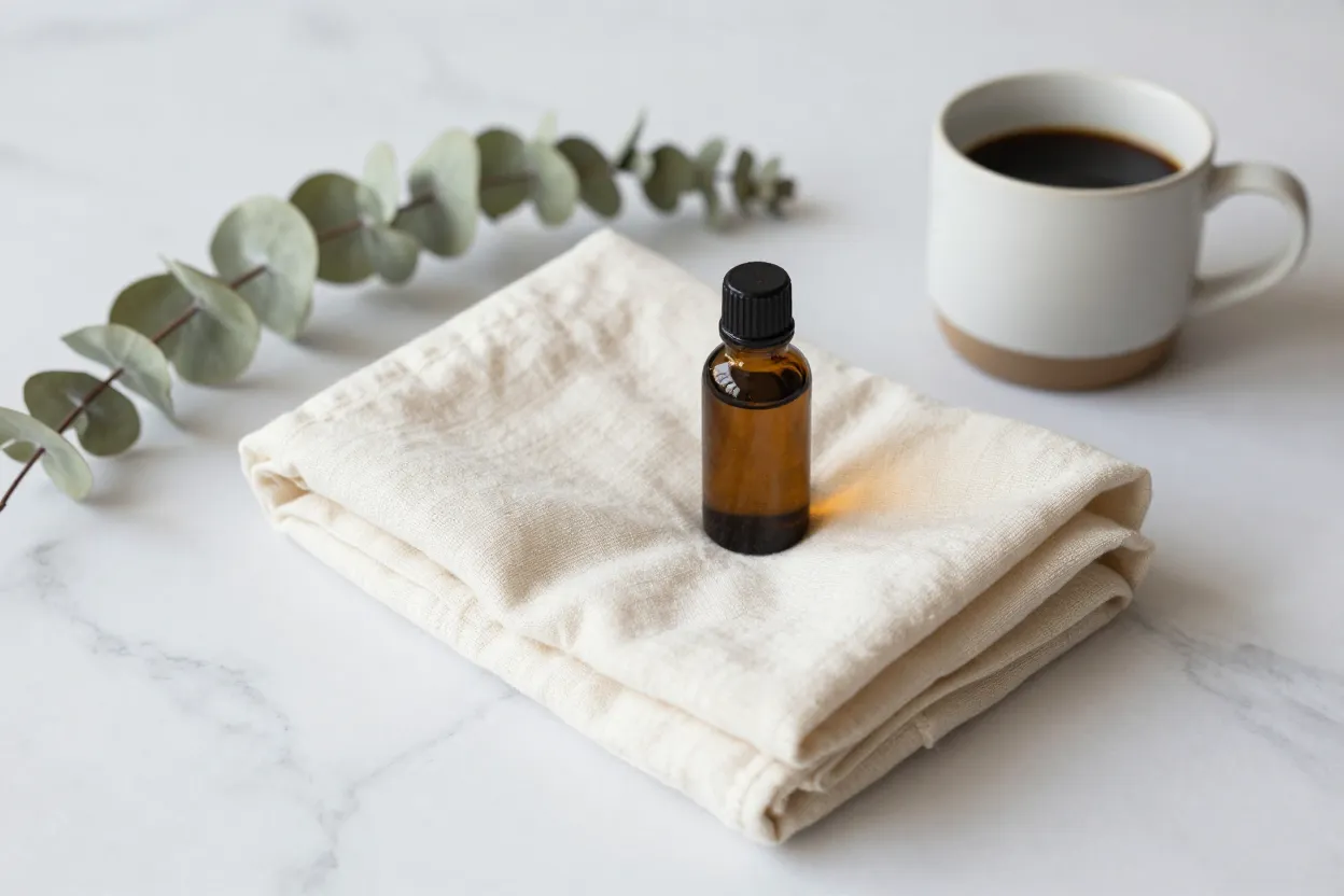 Folded cream linen swaddle, amber body-oil bottle, ceramic coffee mug, and dried eucalyptus on pale marble