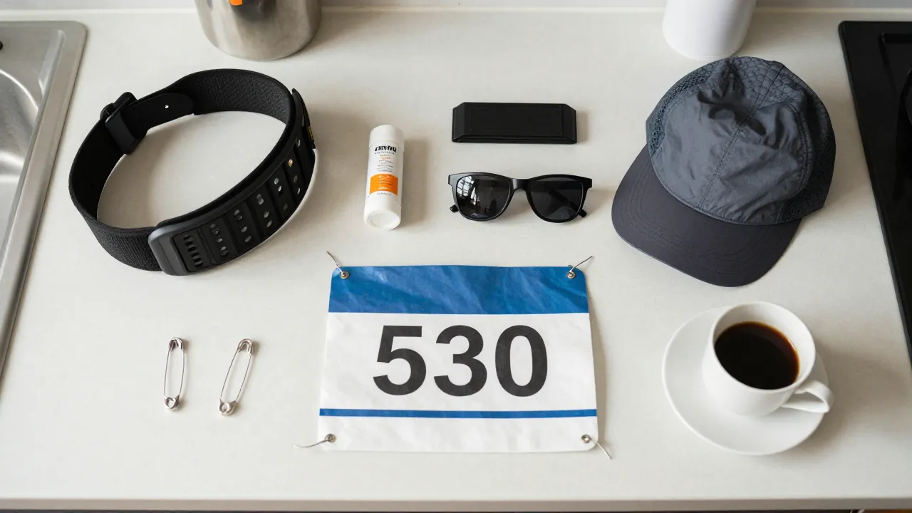 Pre-race running accessories with running belt, body glide, lightweight cap, and sunglasses on kitchen counter