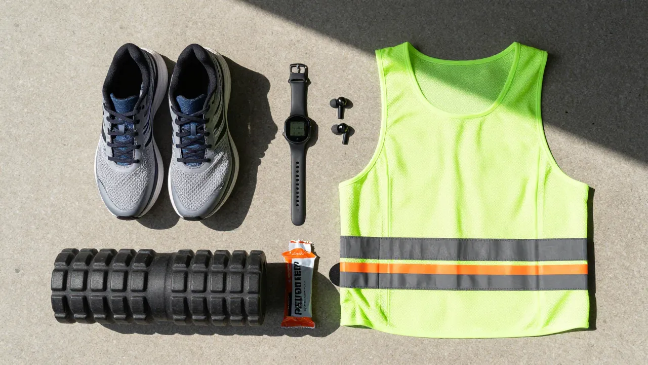 Athletic runner gift flat-lay with running shoes, GPS watch, sport earbuds, energy gels, and foam roller