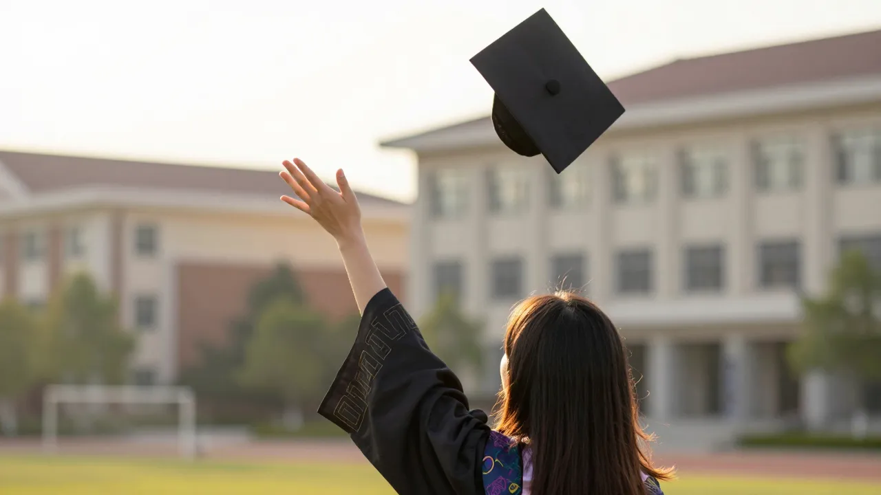Young graduate throwing cap in the air outdoors at golden hour with blurred campus buildings