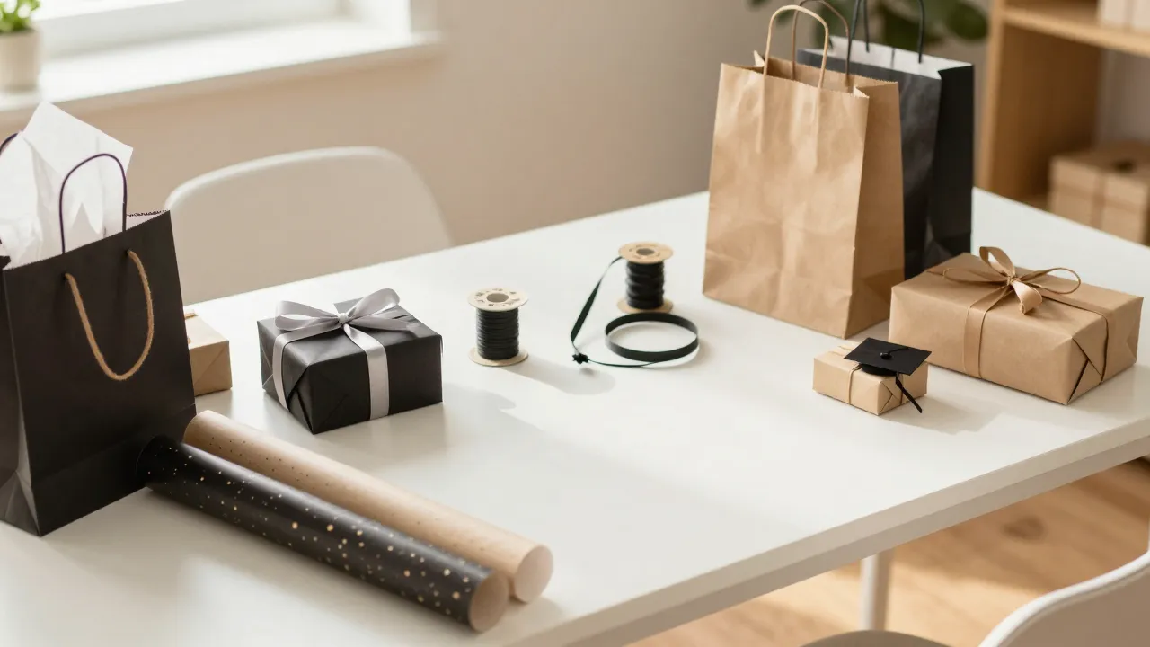 Gift wrapping station with graduation-themed items, tissue paper, gift bags, and ribbon spools