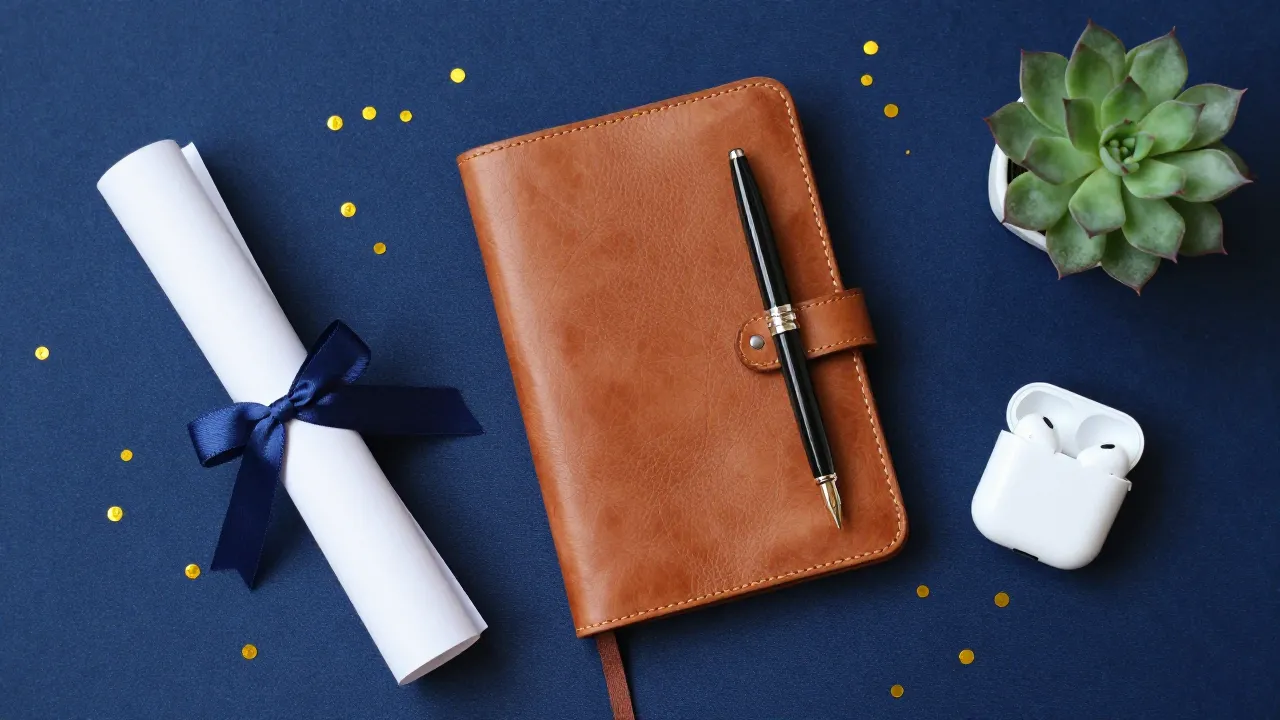 Graduation gift flat-lay on navy blue fabric with diploma scroll, leather journal, fountain pen, and gold confetti