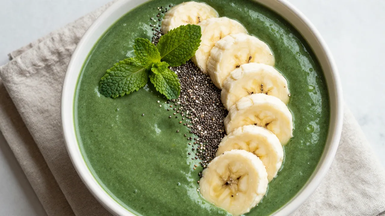 Overhead smoothie bowl with spirulina, mint leaves, chia seeds, and banana on linen napkin